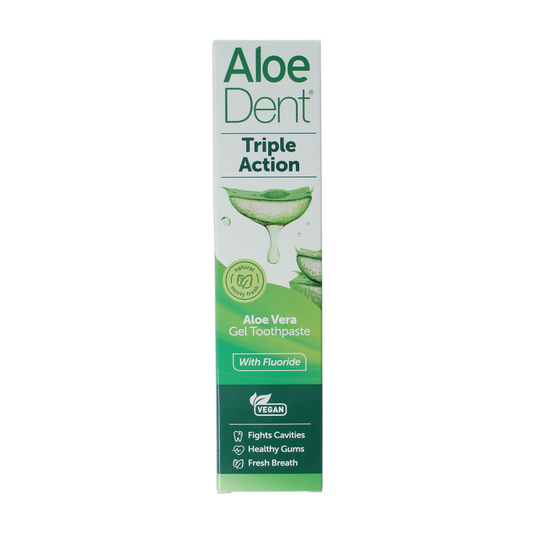 Aloe Dent Aloe Vera triple action toothpaste in 100ml tube, featuring natural aloe vera for oral care and fluoride protection.