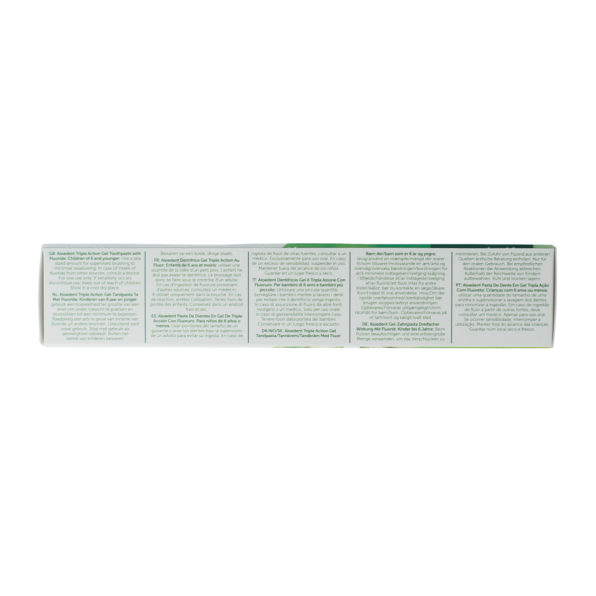 Aloe Dent Aloe Vera Triple Action toothpaste in 100ml tube showing the packaging with aloe vera imagery and fluoride label.