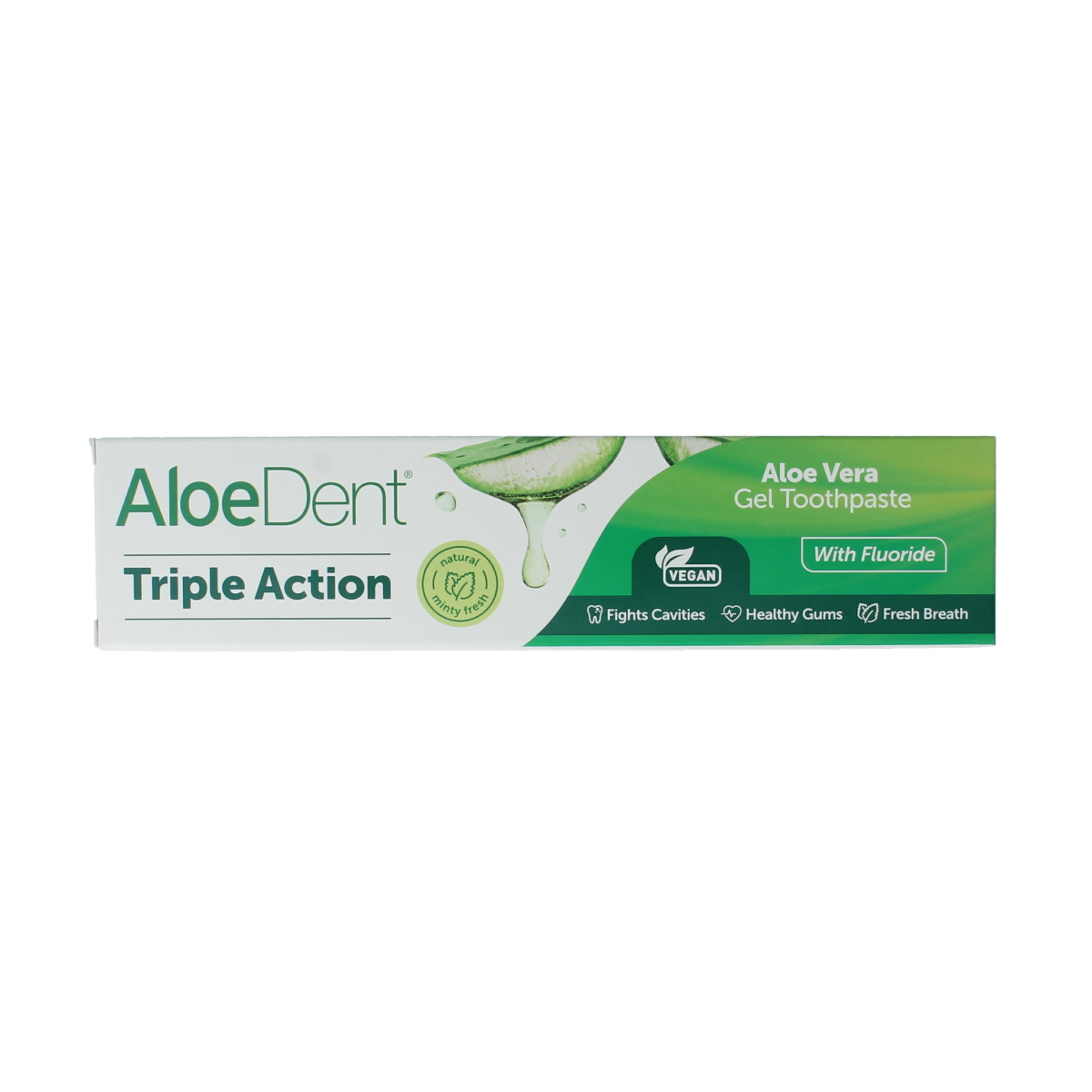Aloe Dent Aloe Vera triple action toothpaste with fluoride in a 100ml tube, featuring a white and green packaging design.