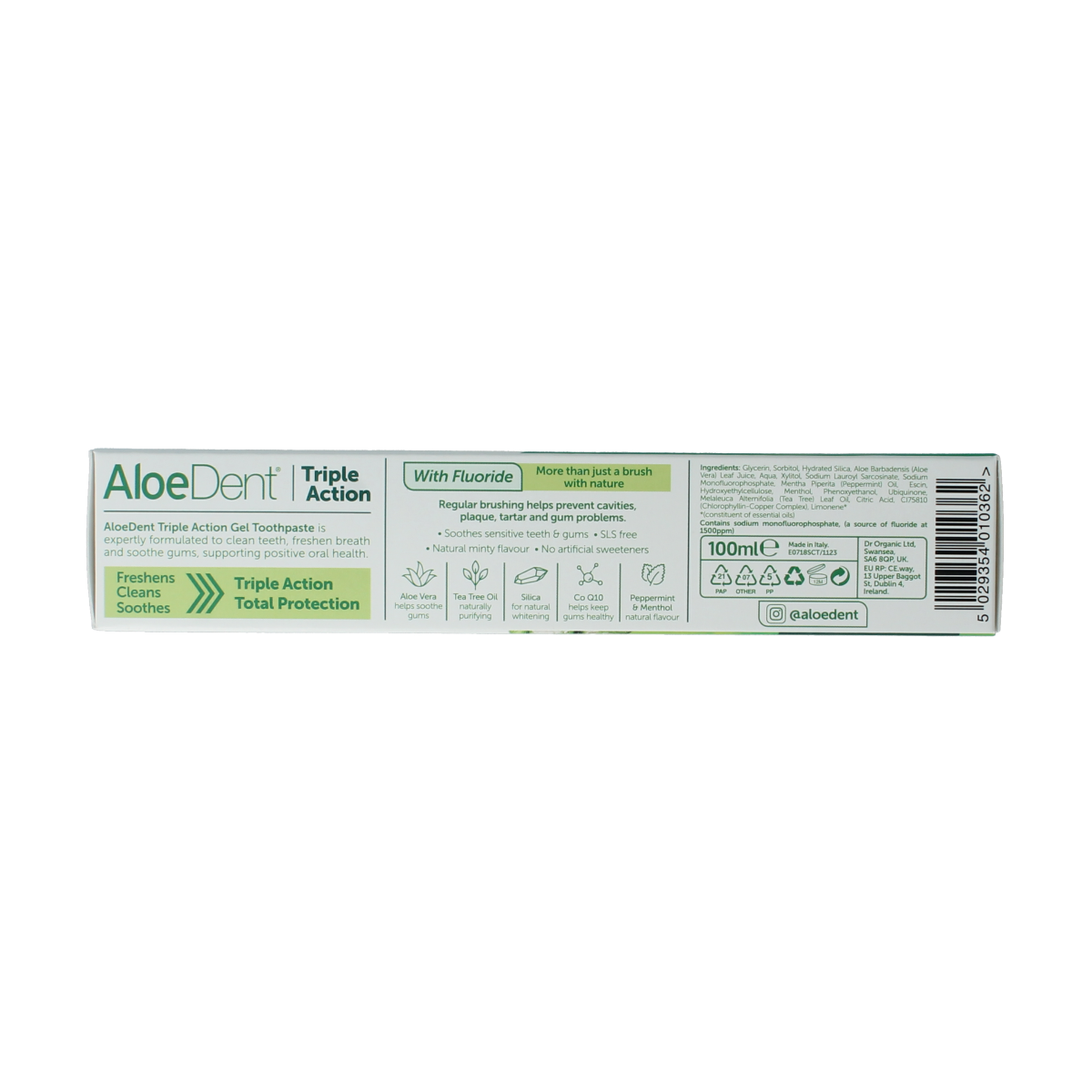 Aloe Dent Aloe Vera Triple Action toothpaste in 100ml tube with fluoride, featuring a green aloe vera design on the packaging.
