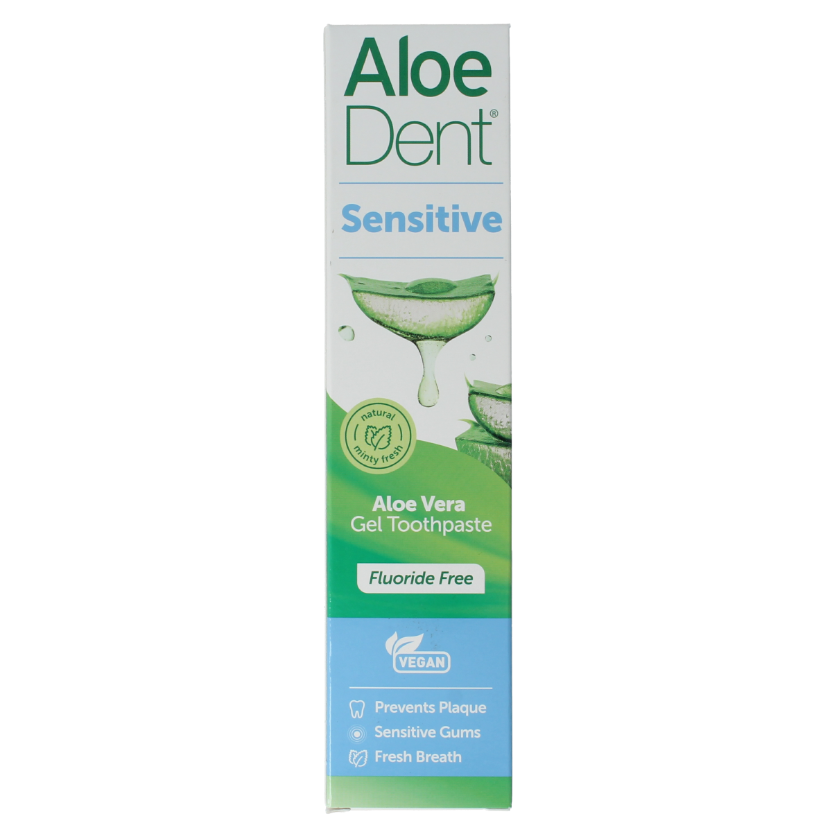 Aloe Dent Aloe Vera Sensitive fluoride-free toothpaste in a 100ml tube, displaying the packaging with aloe vera imagery.