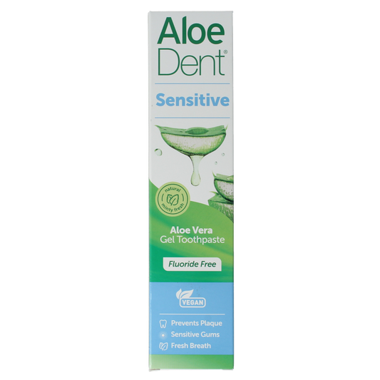 Aloe Dent Aloe Vera Sensitive fluoride-free toothpaste in a 100ml tube, displaying the packaging with aloe vera imagery.
