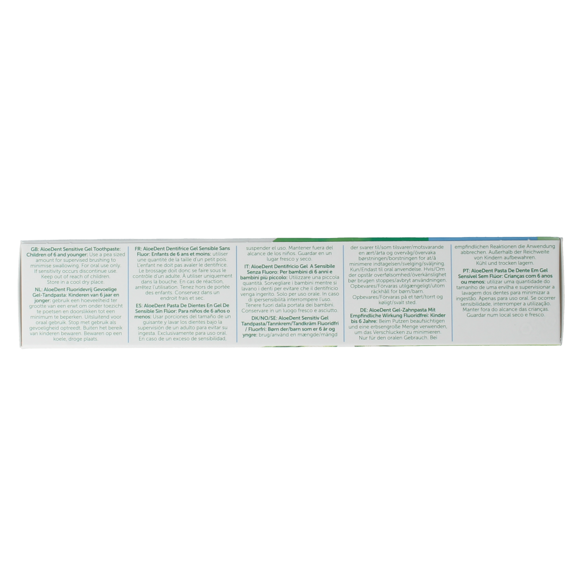 Aloe Dent Aloe Vera Sensitive fluoride-free toothpaste in a 100ml tube, designed for gentle oral care and soothing sensitive teeth.
