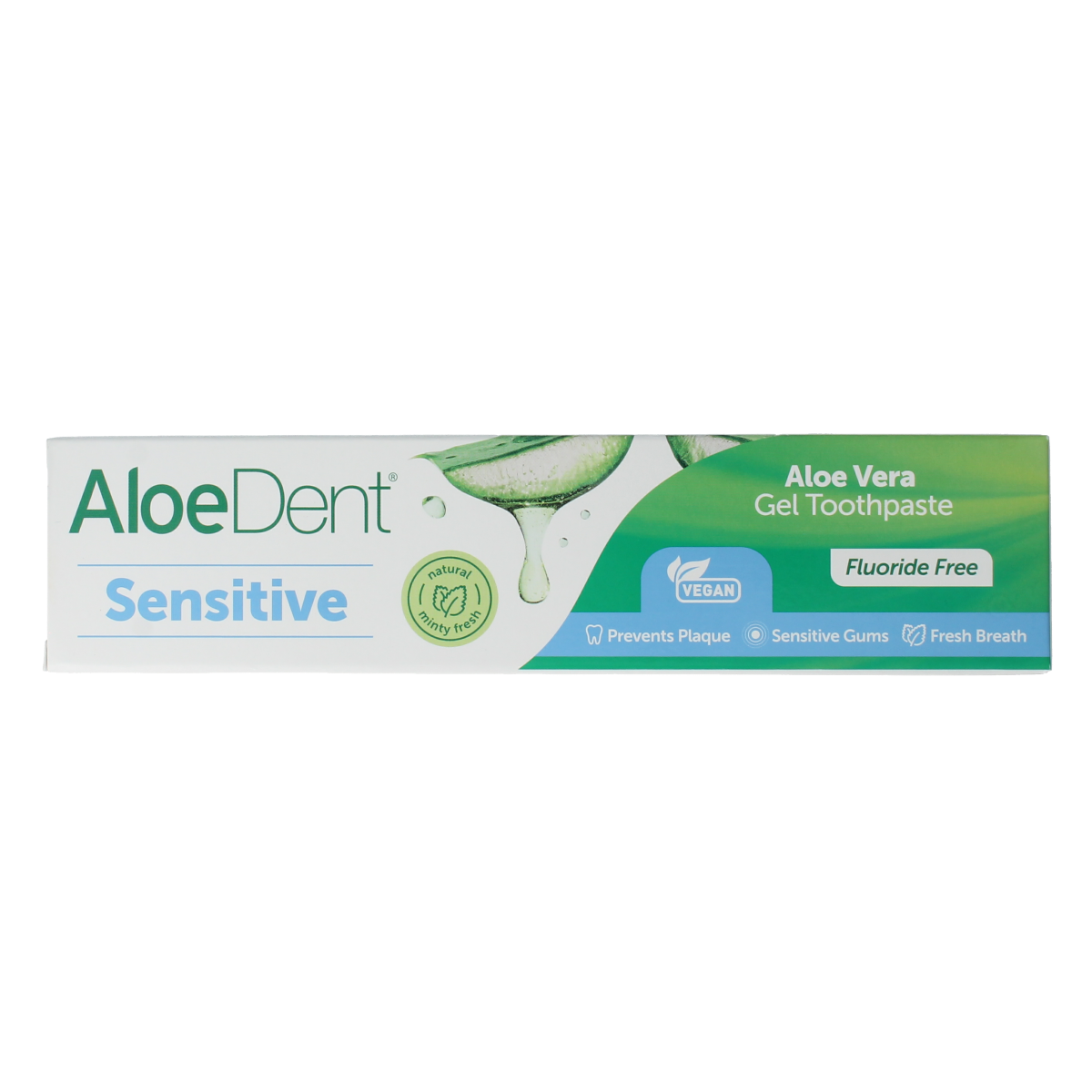 Aloe Dent aloe vera sensitive fluoride-free toothpaste in a 100ml tube, designed for gentle oral care and sensitivity relief.