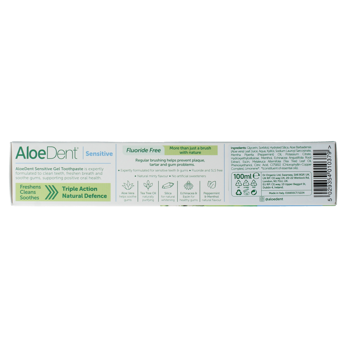 Aloe Dent Aloe Vera Sensitive fluoride-free toothpaste in a 100ml tube, featuring natural aloe vera for gentle oral care.