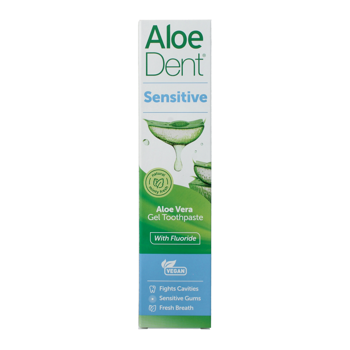 Aloe Dent Aloe Vera Sensitive toothpaste in a 100ml tube, featuring natural aloe vera for gentle, fluoride dental care.