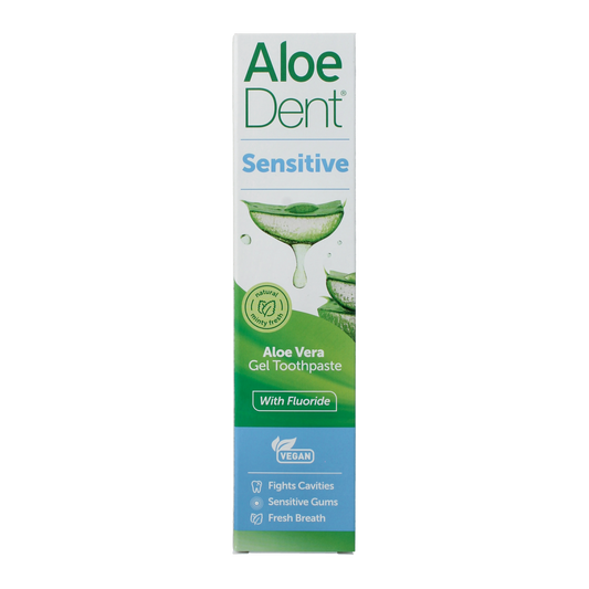 Aloe Dent Aloe Vera Sensitive toothpaste in a 100ml tube, featuring natural aloe vera for gentle, fluoride dental care.
