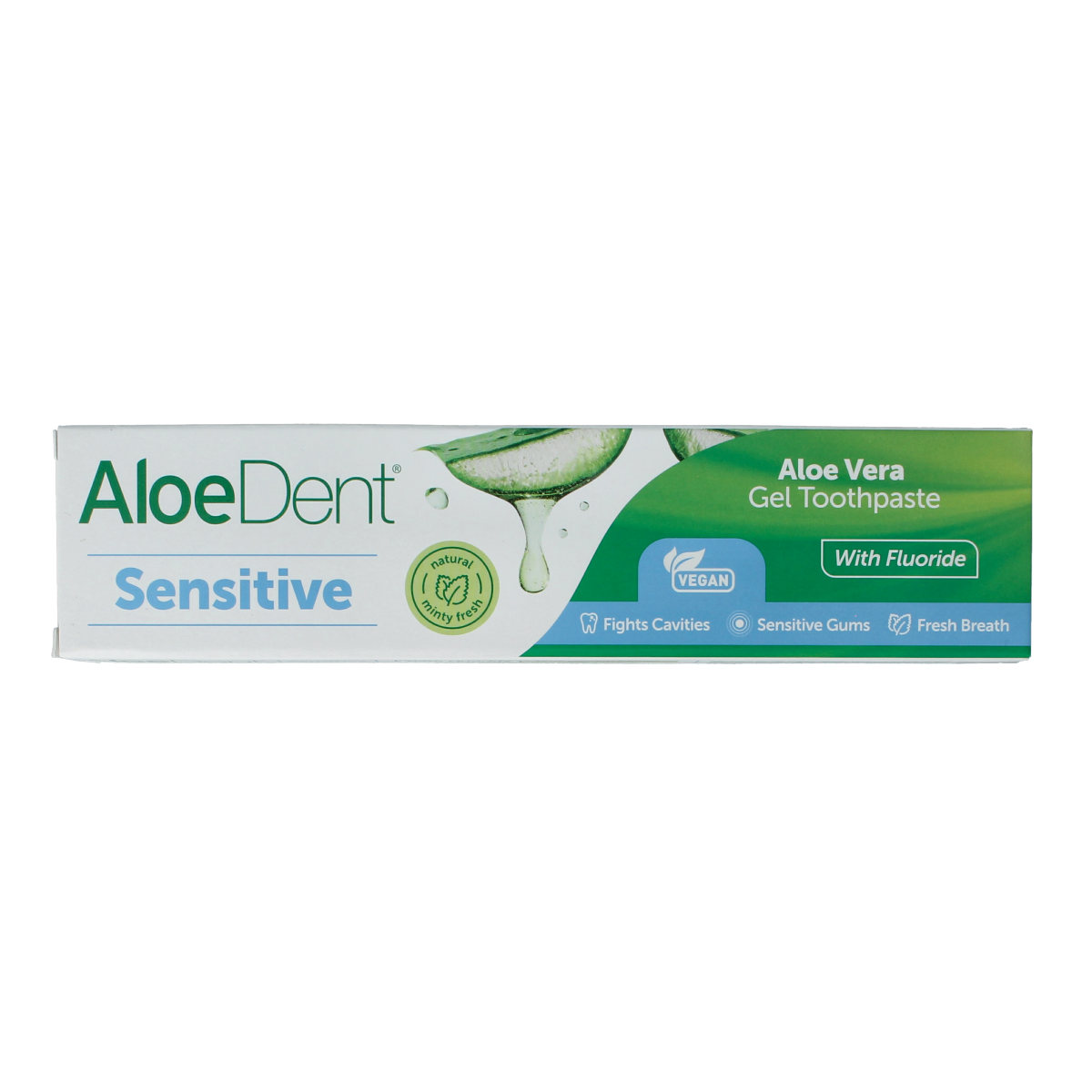 Aloe Dent Aloe Vera Sensitive toothpaste tube showing the 100ml packaging with aloe vera imagery and fluoride label.