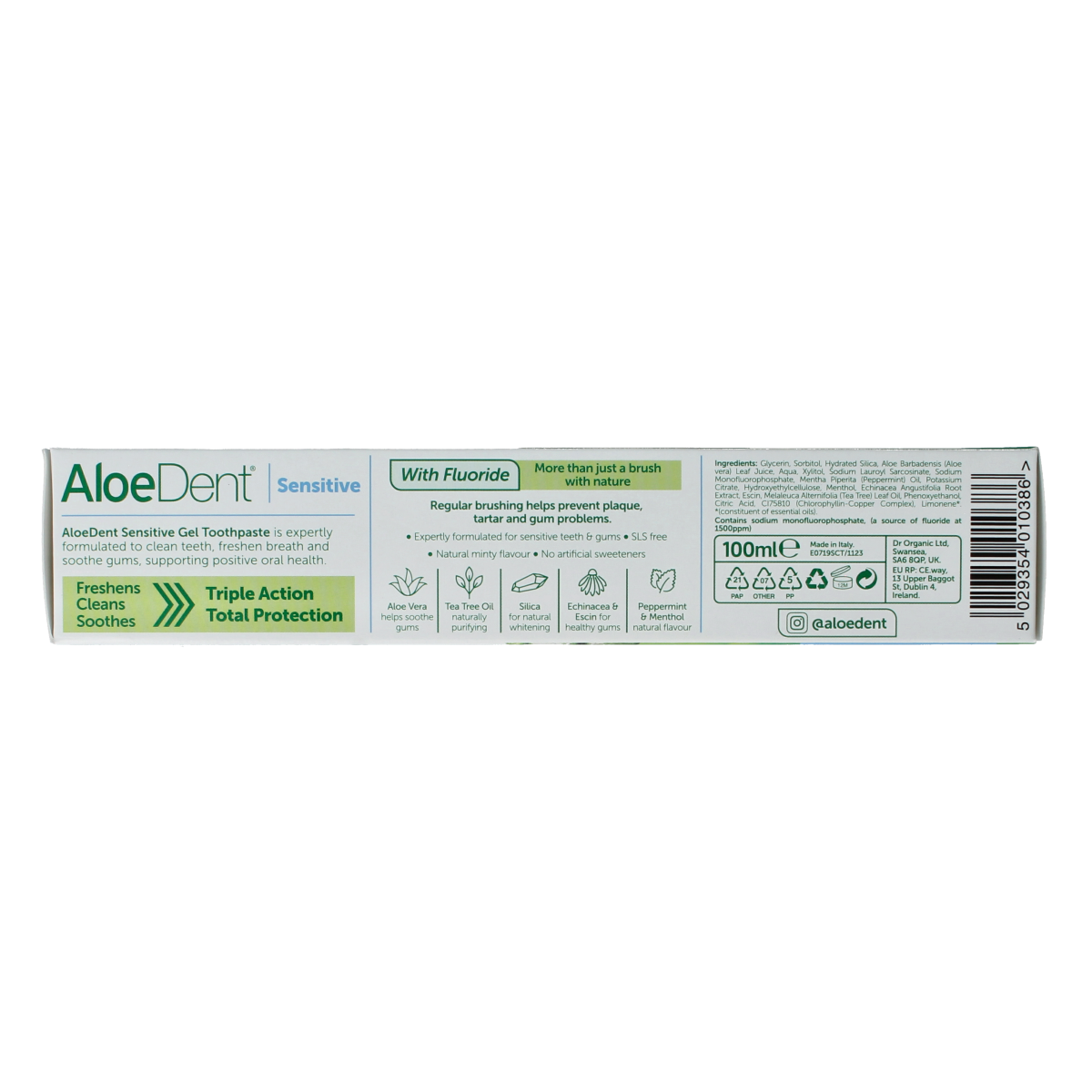 Aloe Dent Aloe Vera Sensitive toothpaste tube with fluor, 100ml, showing the packaging and product details.
