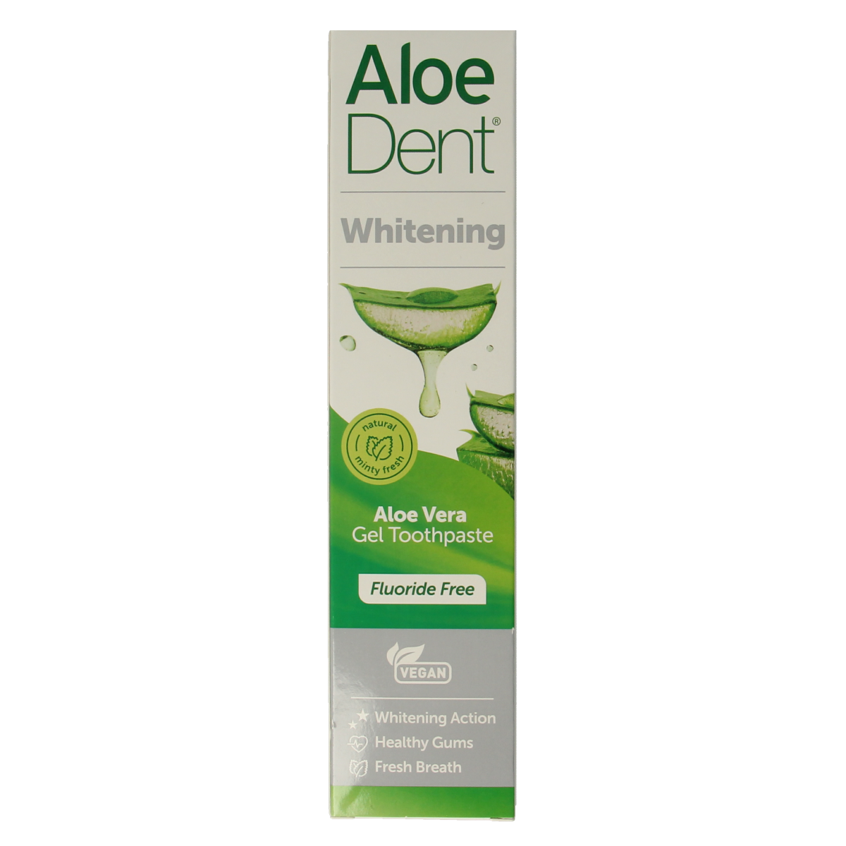 Aloe Dent Aloe Vera whitening fluoride-free toothpaste in 100ml tube, featuring natural aloe vera ingredients for fresh breath.