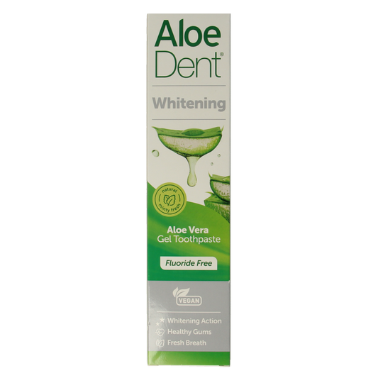 Aloe Dent Aloe Vera whitening fluoride-free toothpaste in 100ml tube, featuring natural aloe vera ingredients for fresh breath.