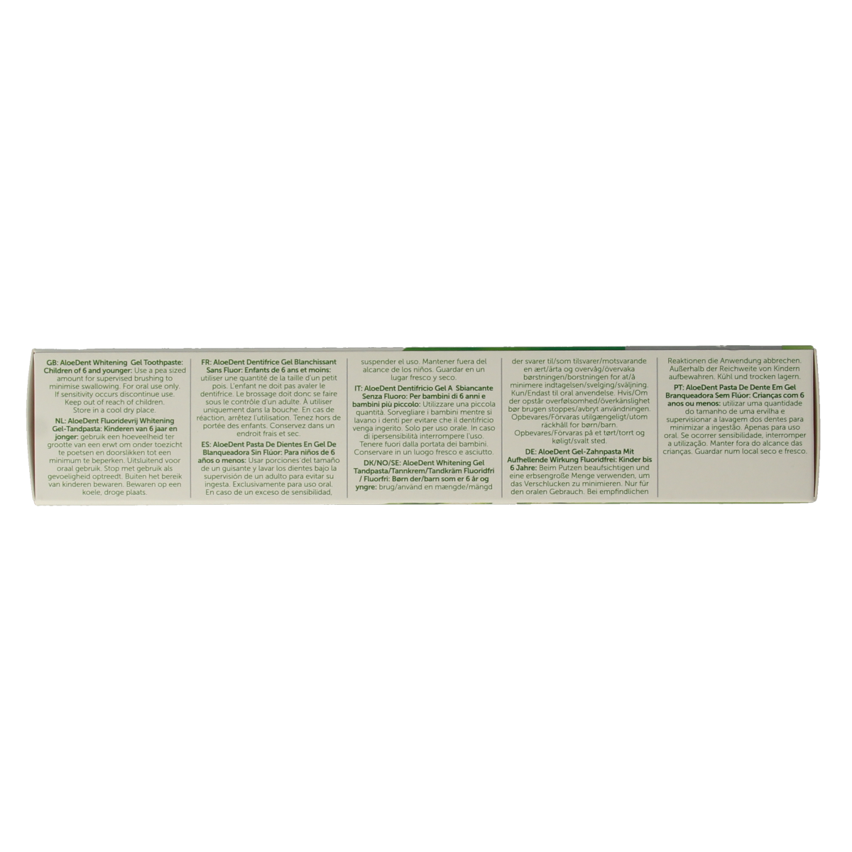 Aloe Dent Aloe Vera whitening fluoride-free toothpaste in 100ml tube, featuring natural aloe vera for fresh breath and oral care.