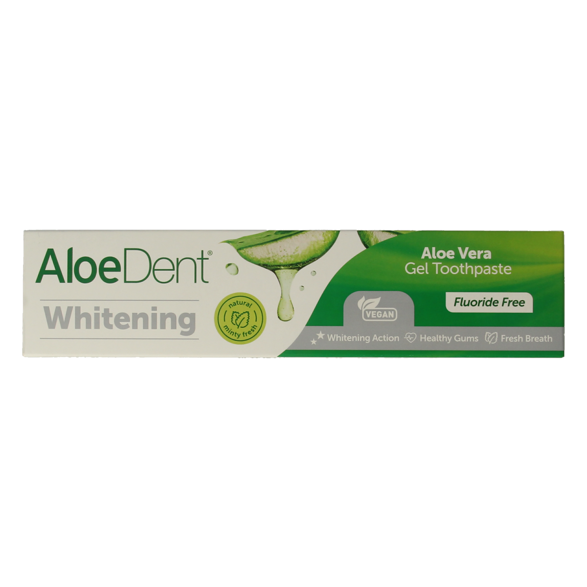 Aloe Dent Aloe Vera whitening fluoride-free toothpaste in a 100ml tube, featuring a green and white packaging design.