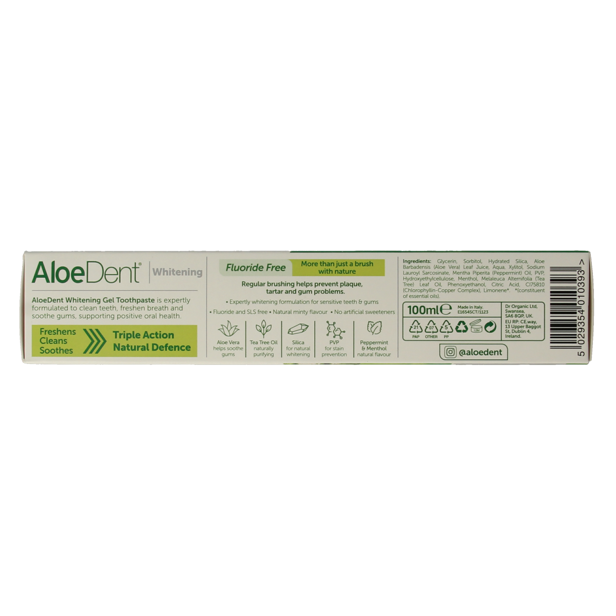 Aloe Dent Aloe Vera whitening fluoride-free toothpaste in a 100ml tube, featuring natural aloe vera ingredients.