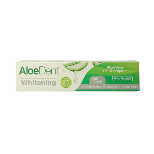 Aloe Dent Aloe Vera whitening toothpaste tube with fluoride, 100ml, featuring a green and white packaging design.