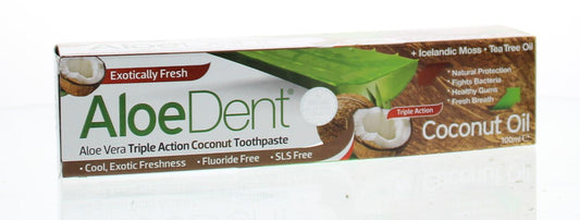 Aloe Dent coconut toothpaste tube, 100ml, with natural coconut flavor and packaging showing the Aloe Dent brand logo.