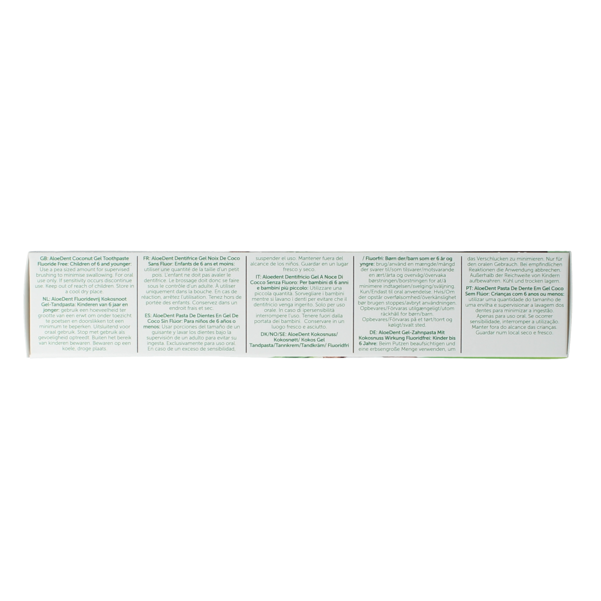 Aloe Dent coconut toothpaste in a 100ml tube, featuring a white and green packaging with coconut imagery.