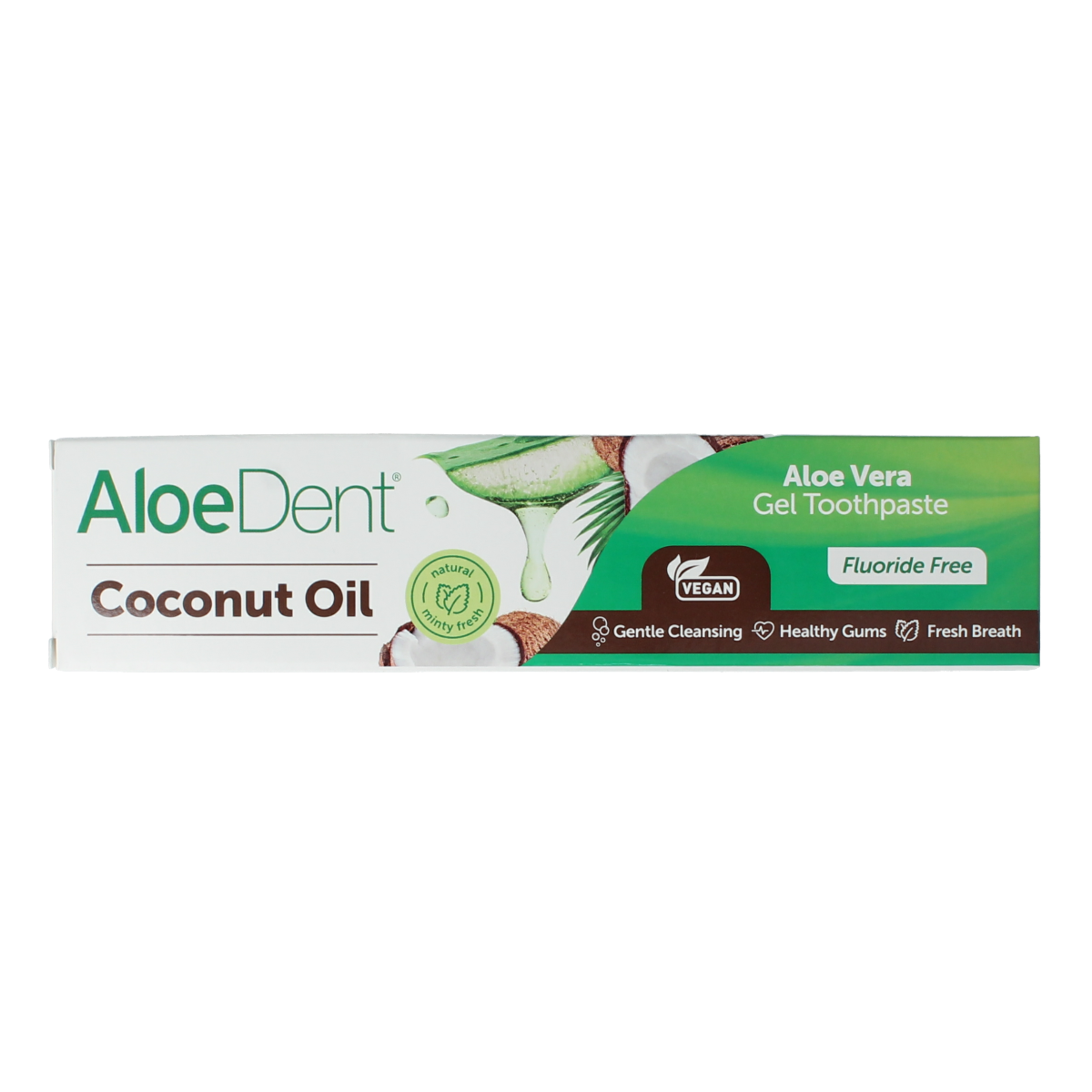 Aloe Dent coconut toothpaste tube, 100ml, with a white and coconut-themed packaging, showing the Aloe Dent brand logo.
