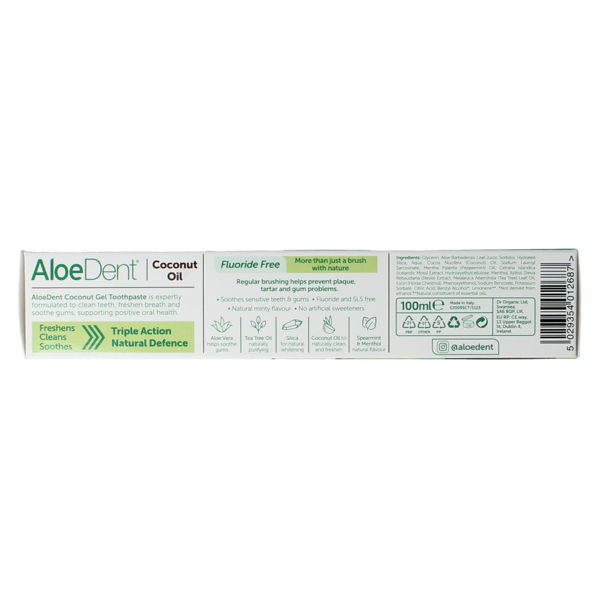 Aloe Dent coconut toothpaste tube, 100ml, with Aloe Dent branding and coconut flavor packaging.