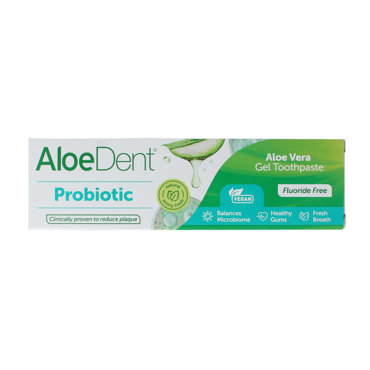 Aloe Dent probiotic toothpaste in 75ml tube, showing the packaging with green and white design and Aloe Dent branding.