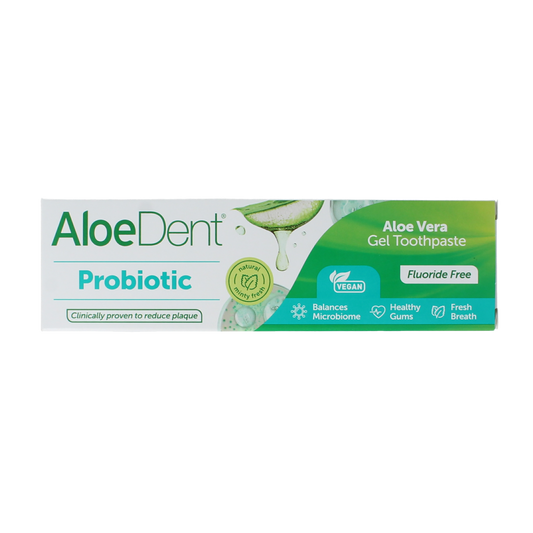 Aloe Dent probiotic toothpaste in 75ml tube, showing the packaging with green and white design and Aloe Dent branding.