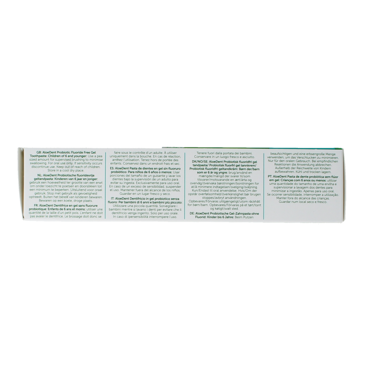 Aloe Dent probiotic toothpaste in a 75ml tube, featuring natural ingredients for oral health and fresh breath.