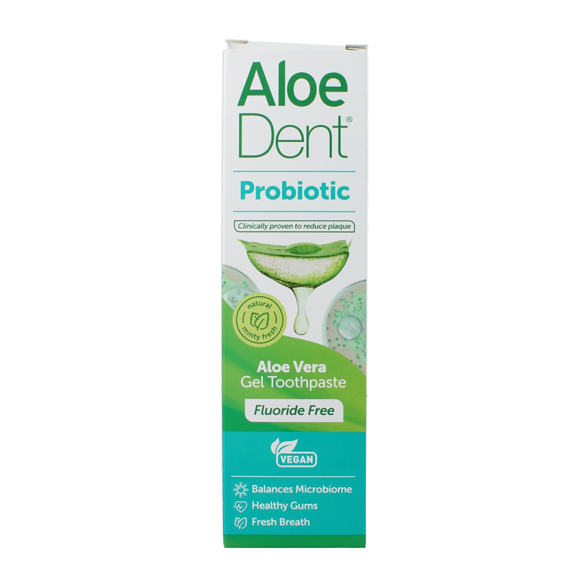 Aloe Dent probiotic toothpaste in 75ml tube, featuring natural ingredients for oral health and fresh breath.