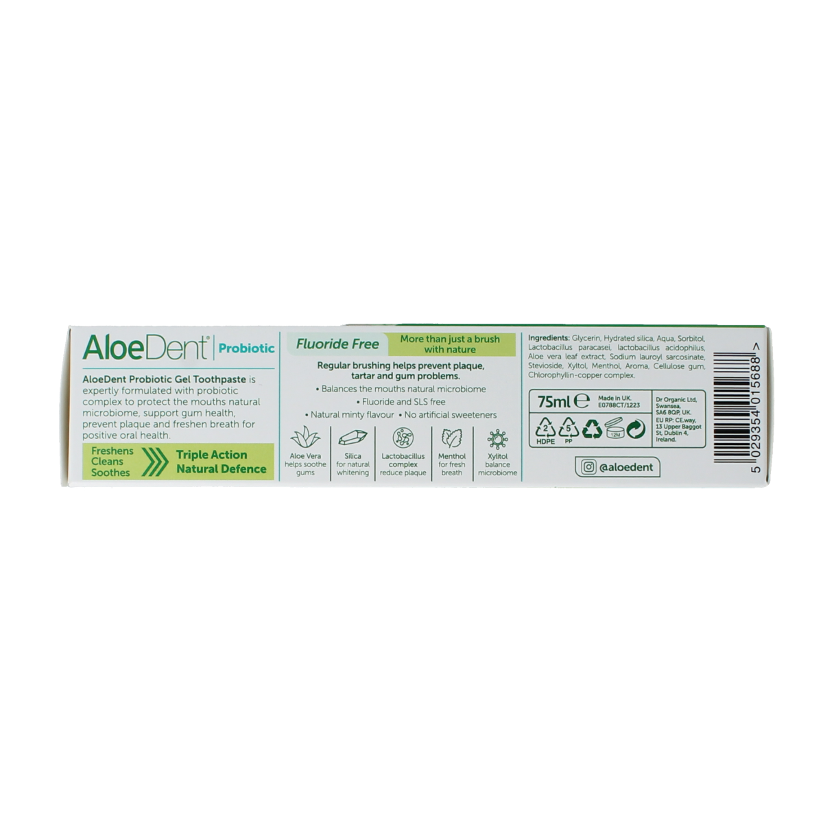 Aloe Dent probiotic toothpaste tube, 75ml, with natural herbal ingredients and a white and green packaging design.