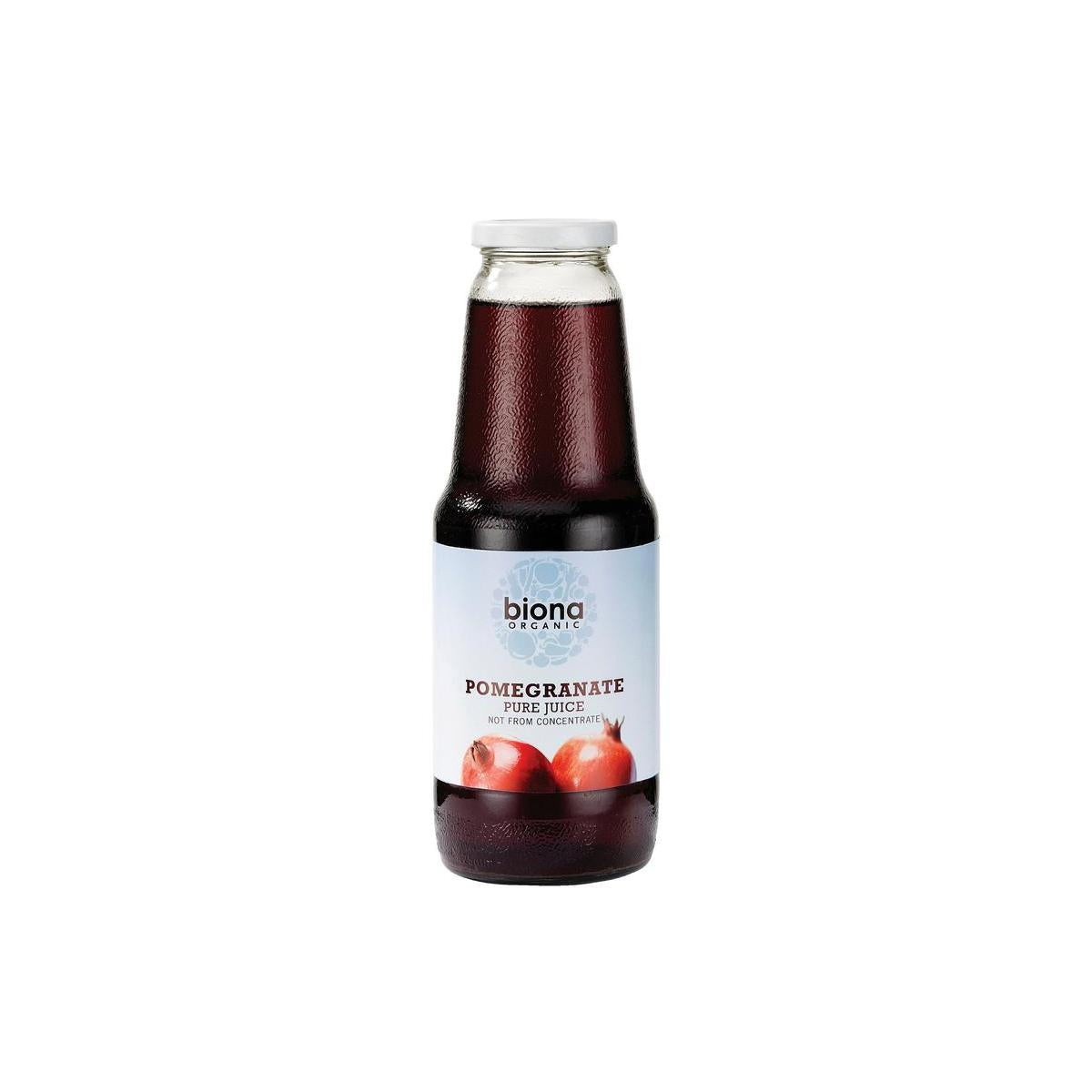 Biona bio pomegranate juice in a 1-liter bottle, displaying fresh pomegranate fruit and the clear juice inside.