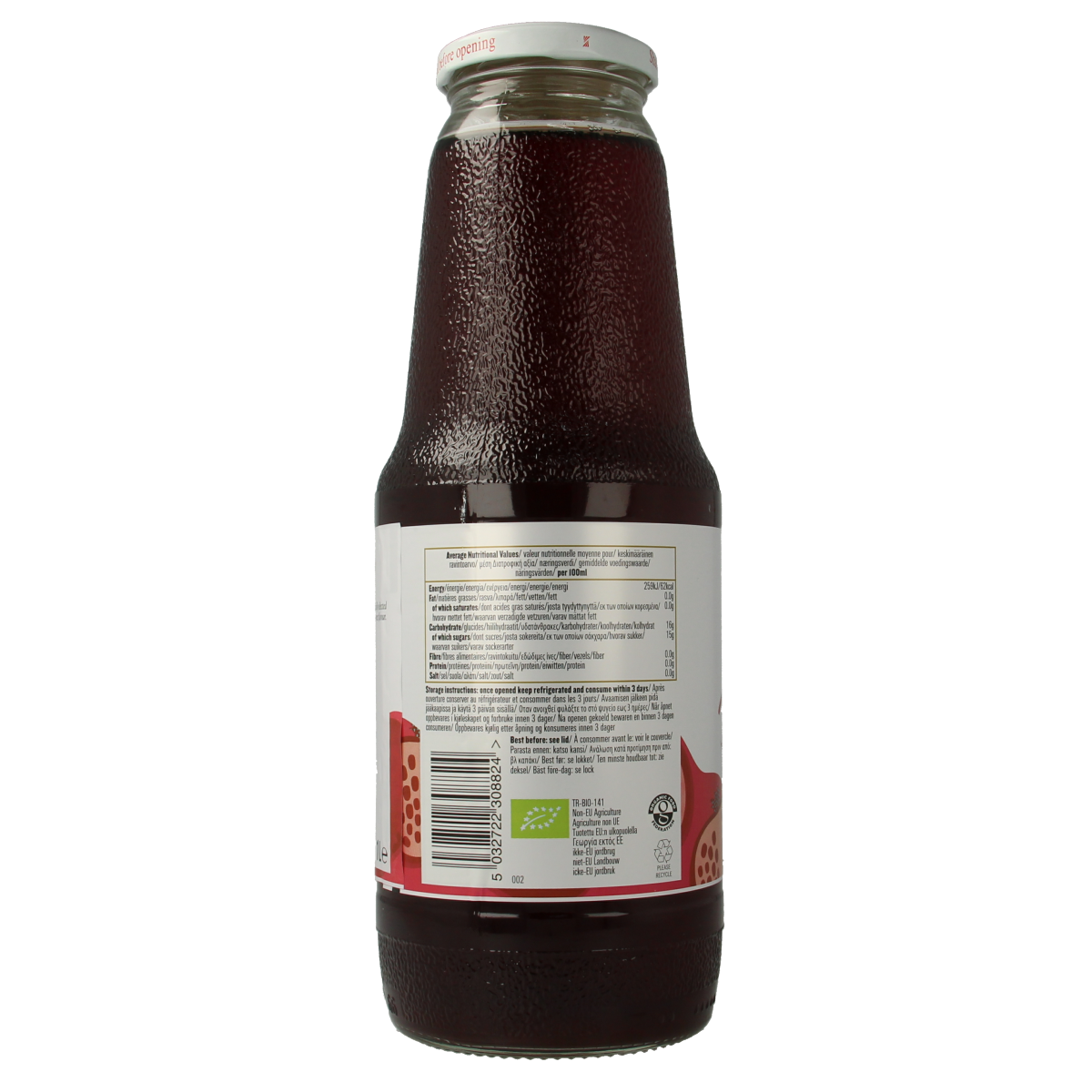 Biona organic pomegranate juice in a 1-liter bottle, showcasing fresh red pomegranate fruit and the beverage inside.