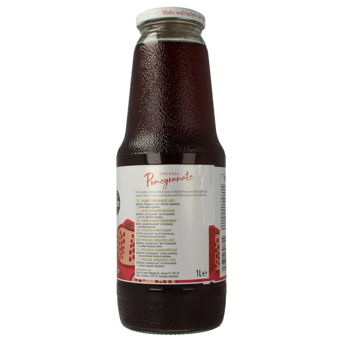Biona organic pomegranate juice in a 1-liter bottle, featuring fresh pomegranate imagery on the label.