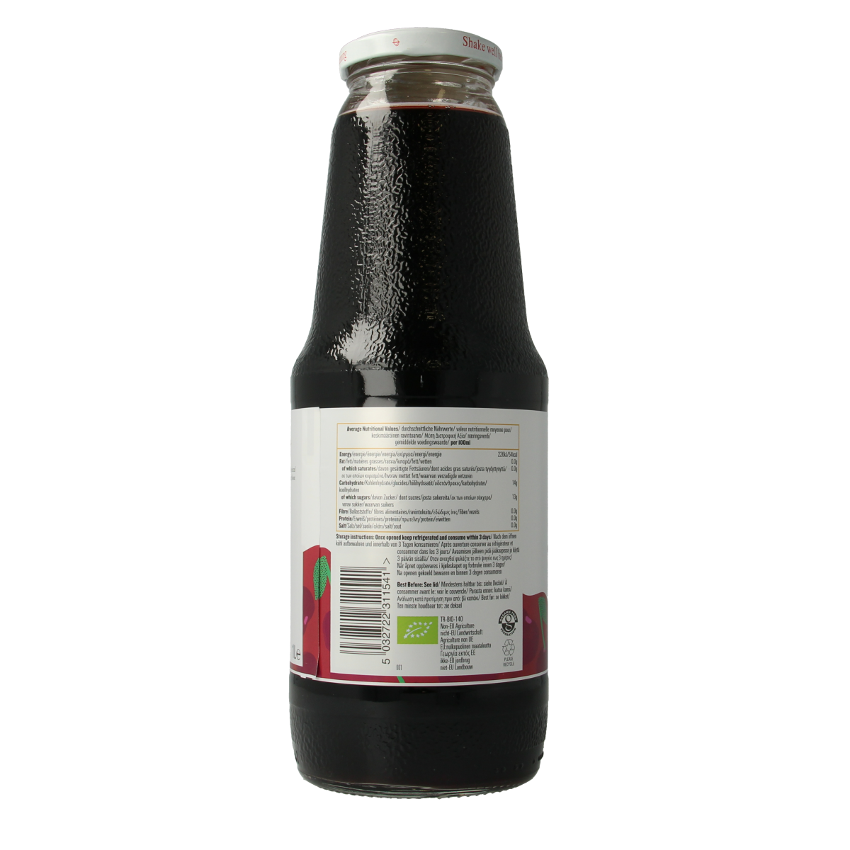 Biona organic cherry juice in a 1-liter bottle, showing clear liquid and label with cherry images.