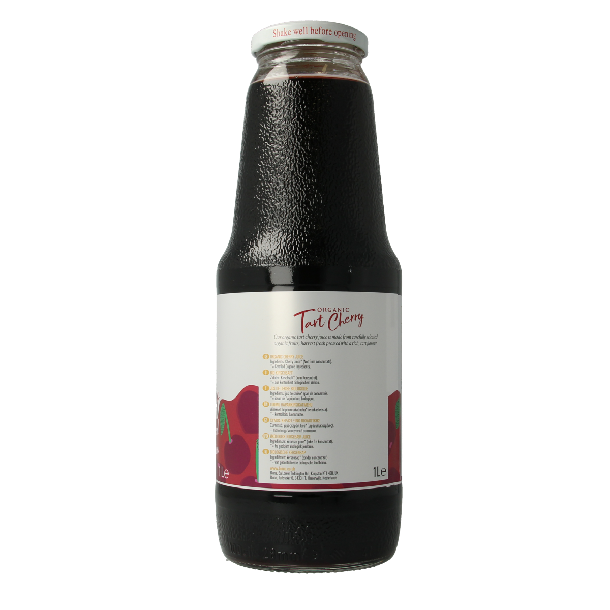 Biona organic cherry juice in a 1-liter bottle, showcasing the colorful label and clear liquid inside.
