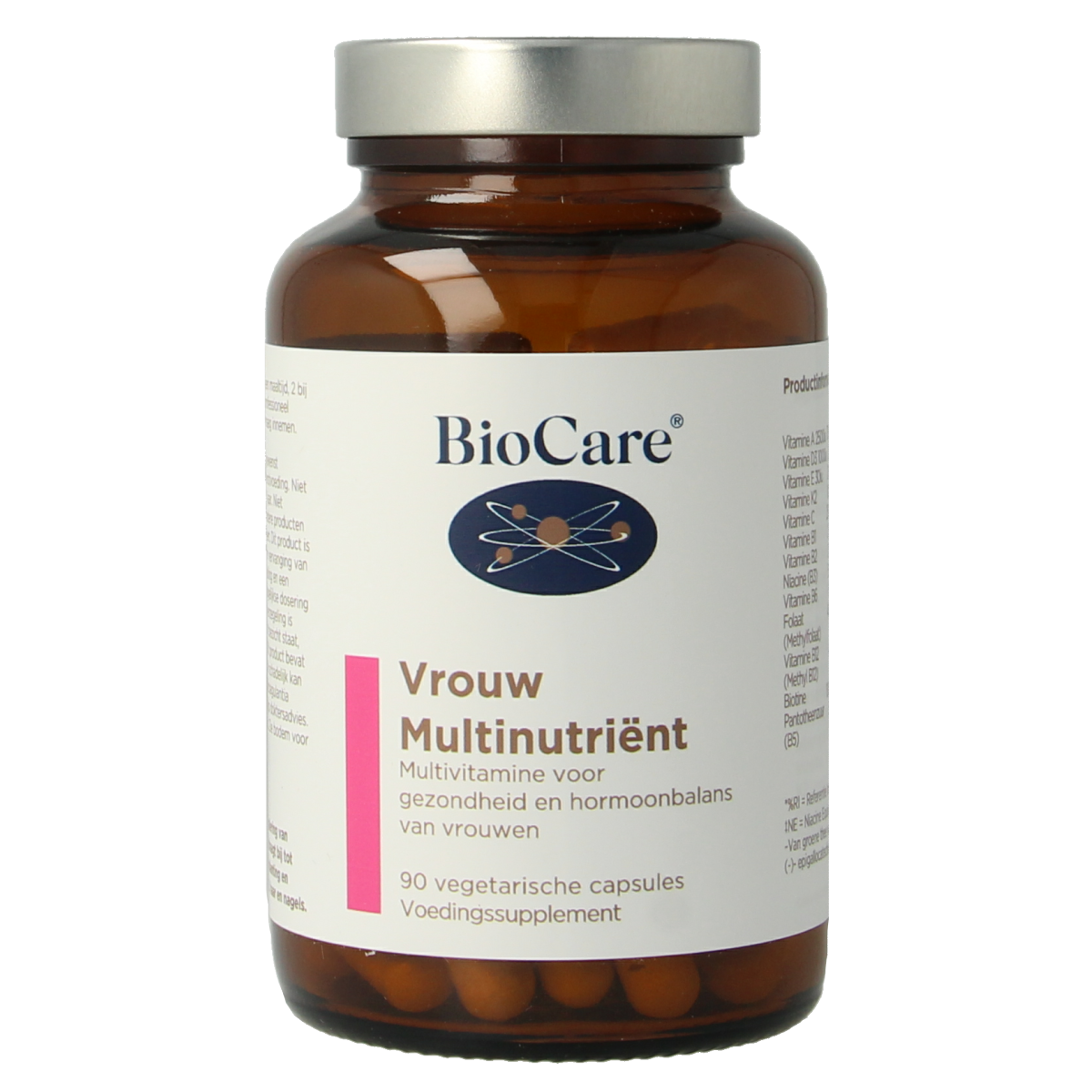 BioCare Vrouw multinutrient capsules, a multivitamin supplement for women, shown in a clear container with 90 capsules.