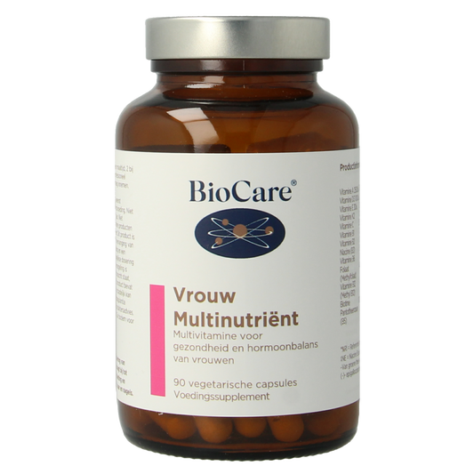 BioCare Vrouw multinutrient capsules, a multivitamin supplement for women, shown in a clear container with 90 capsules.