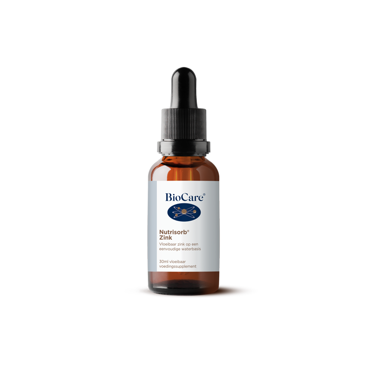 BioCare Nutrisorb Zinc mineral supplement in a 30ml dropper bottle, natural liquid zinc for immune support and overall health.