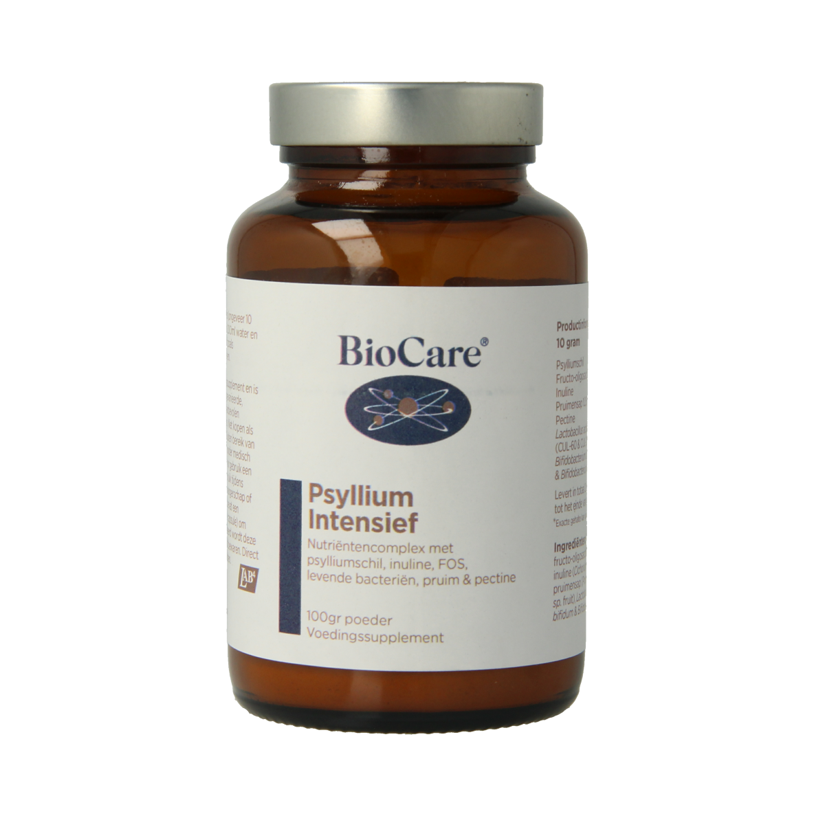 BioCare Psyllium Intensief 100g container showing the product label and packaging details for dietary fiber supplement.