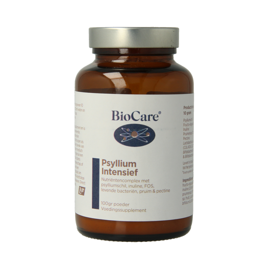BioCare Psyllium Intensief 100g container showing the product label and packaging details for dietary fiber supplement.