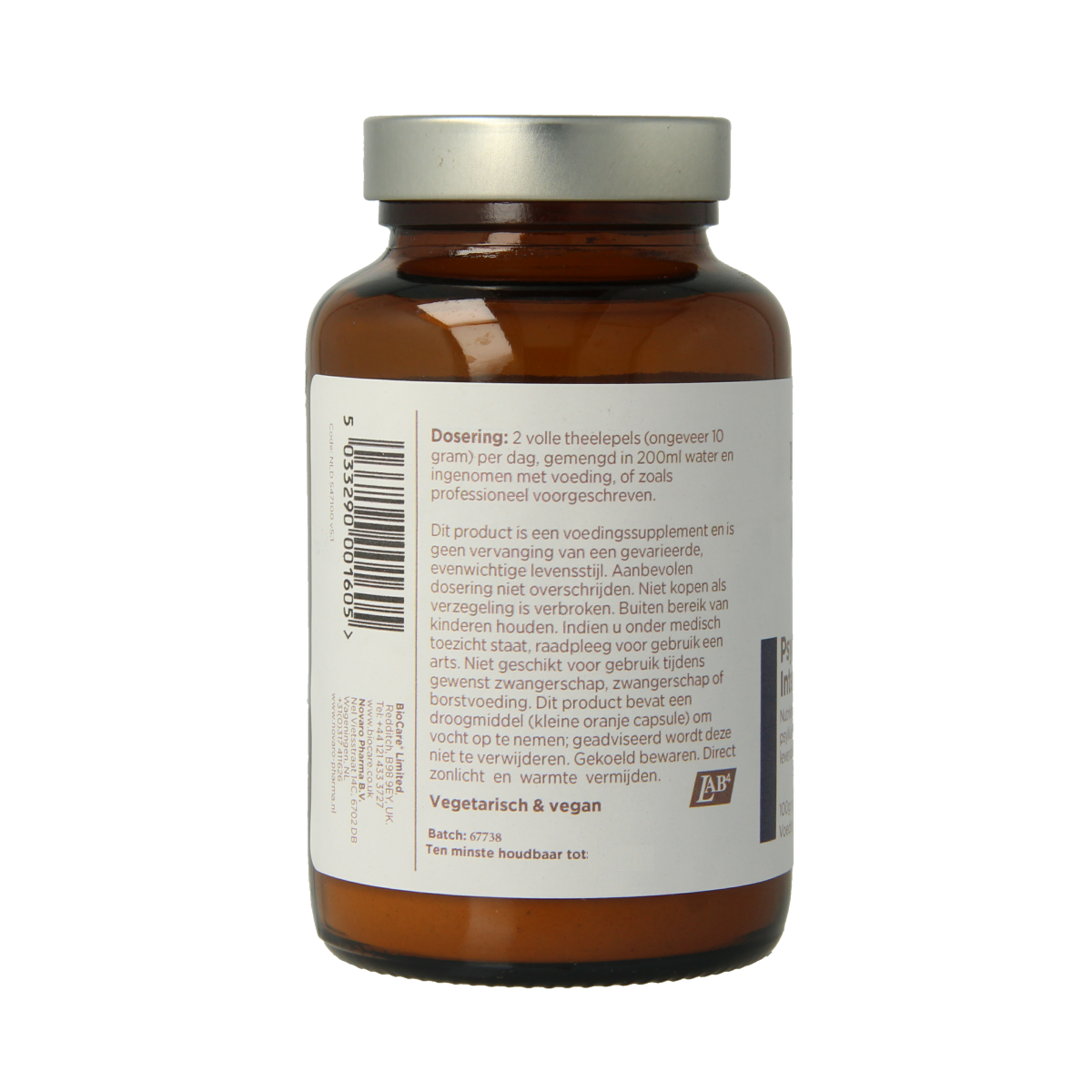 BioCare Psyllium intensief 100g container showing the health supplement label and product packaging.
