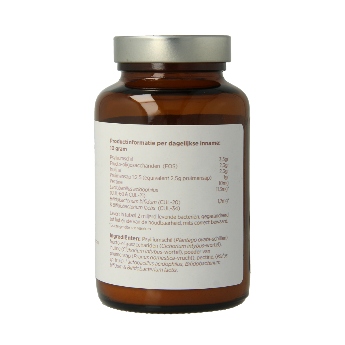 BioCare Psyllium Intensief 100g container with micro-organismen supplement, featuring a white and green label on the packaging.