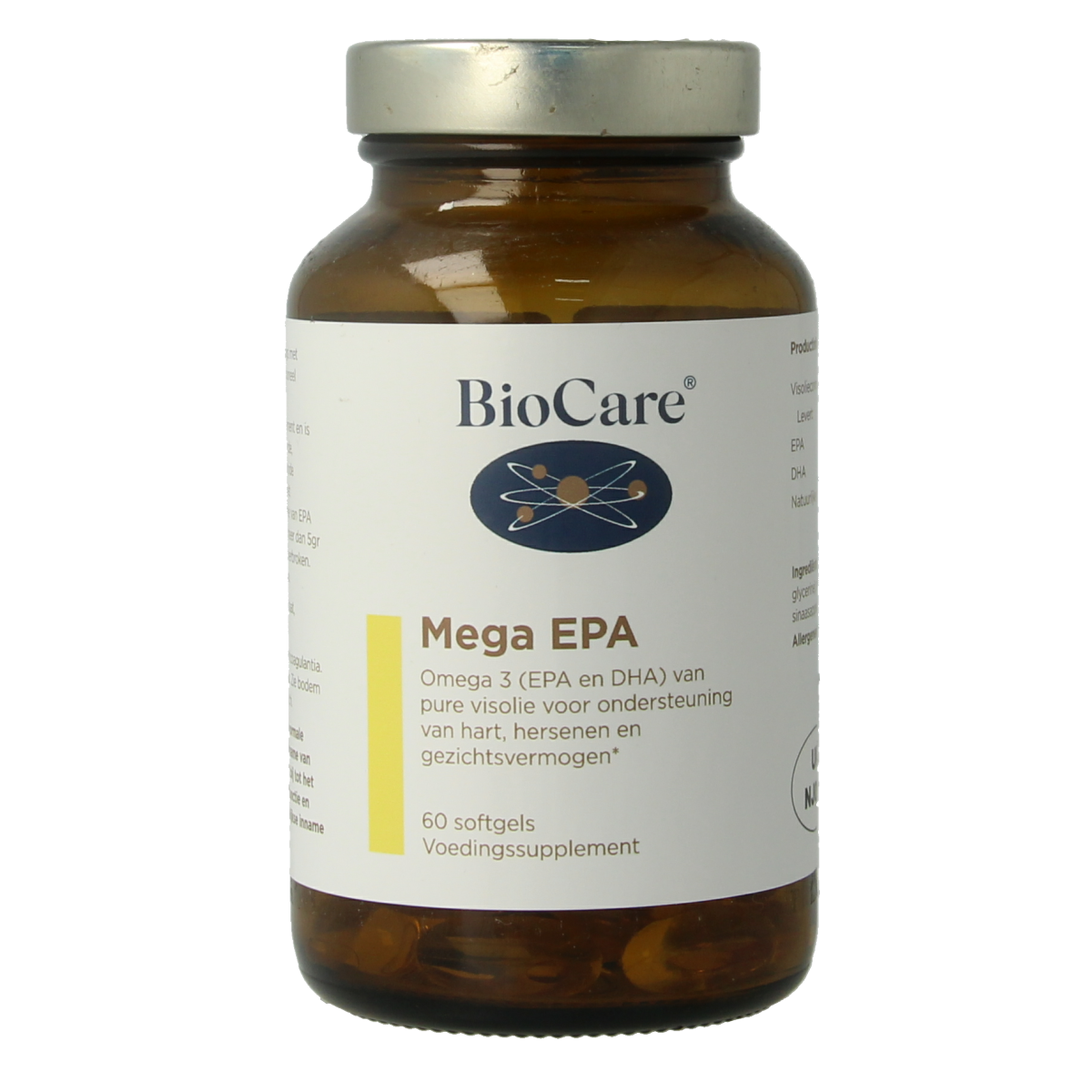 BioCare Mega EPA Vetzuren softgels, omega-3 dietary supplement with 60 softgel capsules, shown in the image.