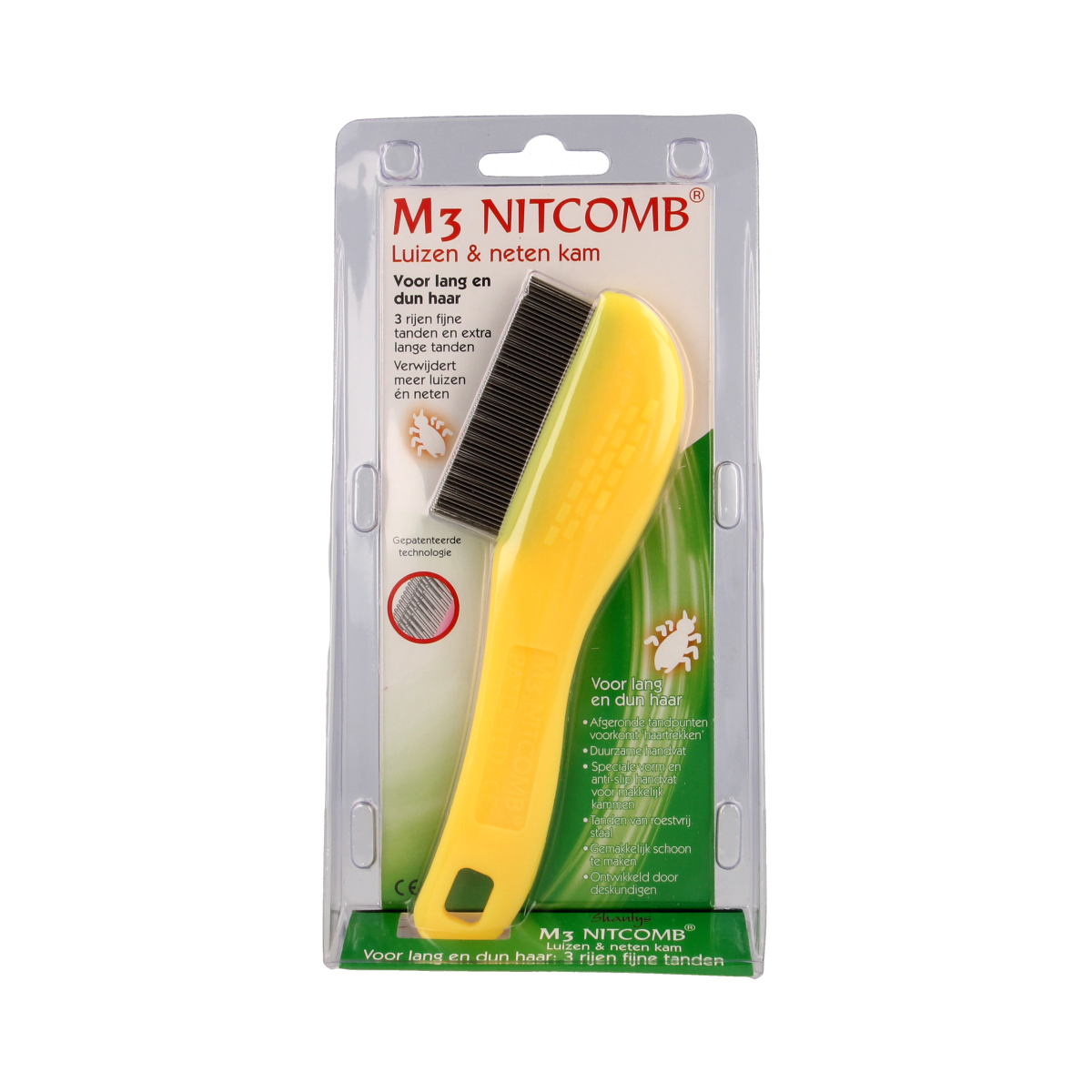 Nitcomb M3 anti-lice nit comb with fine and wide teeth for hair care, shown in the product image.