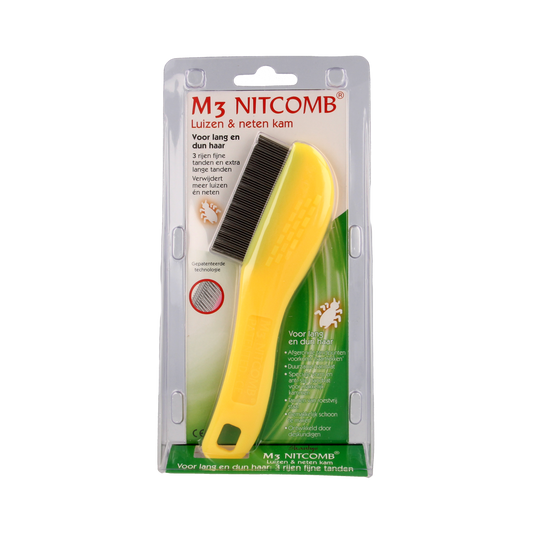 Nitcomb M3 anti-lice nit comb with fine and wide teeth for hair care, shown in the product image.