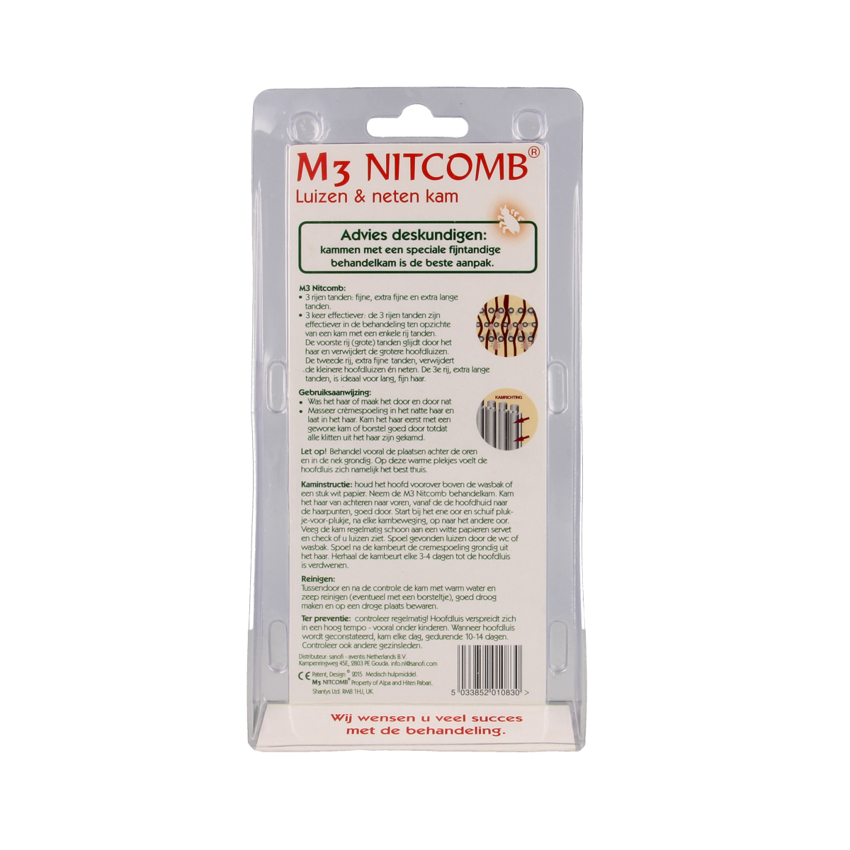 Nitcomb M3 anti-loodkam for thick and thin hair, shown in close-up with fine teeth for effective hair care.