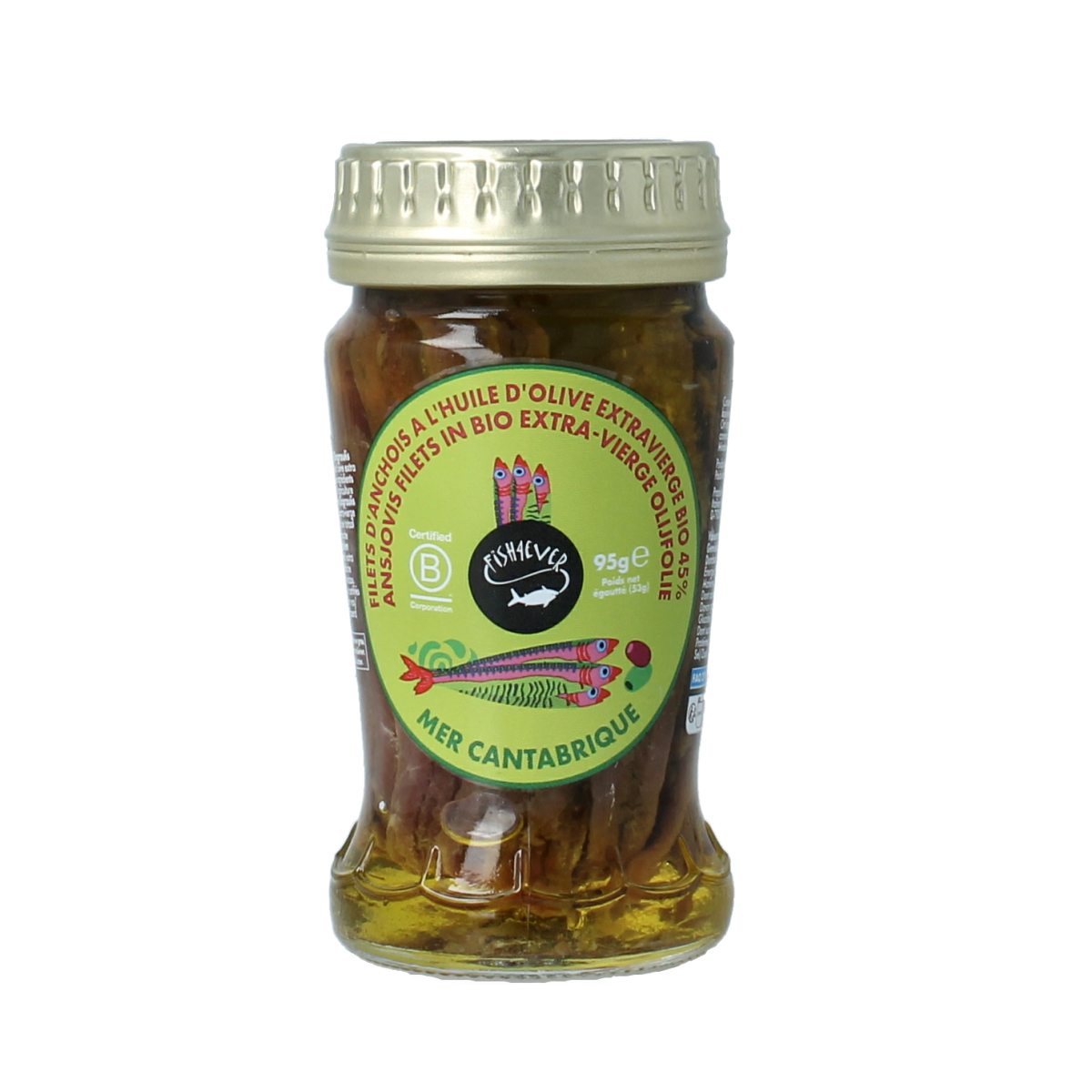Canned Fish 4 Ever anchovy fillets in olive oil, 95g, showing shiny anchovy fillets in a transparent can.
