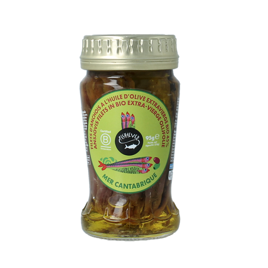 Canned Fish 4 Ever anchovy fillets in olive oil, 95g, showing shiny anchovy fillets in a transparent can.