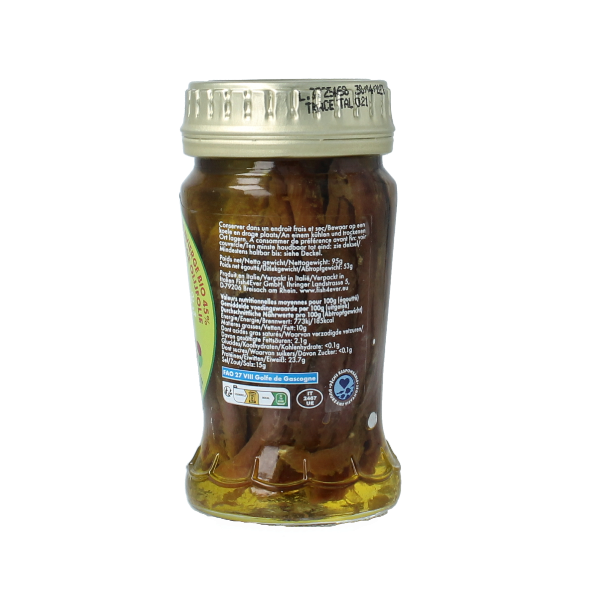 Canned Fish 4 Ever anchovy fillet in olive oil, 95g, showing shiny anchovy fillets in a can with olive oil