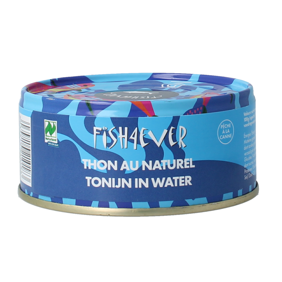 Canned Fish 4 Ever Tonijnstukken in water, 160g, showing tuna pieces in a can with label and water content.