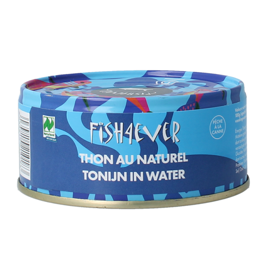 Canned Fish 4 Ever Tonijnstukken in water, 160g, showing tuna pieces in a can with label and water content.