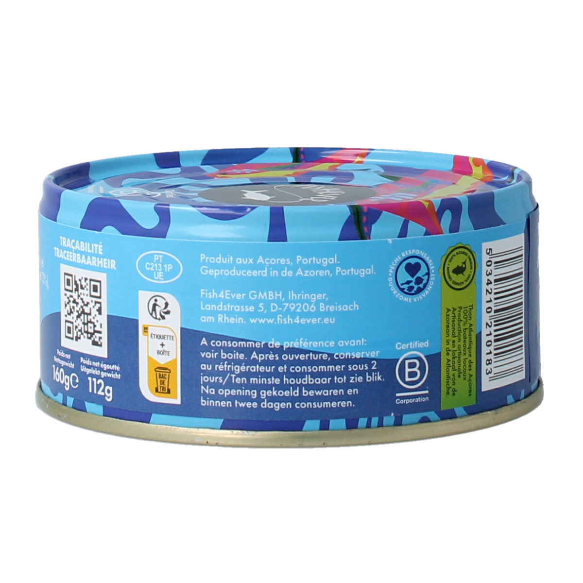 Canned Fish 4 Ever Tonijnstukken in water, 160g, showing the tuna chunks in a can with label and product packaging.